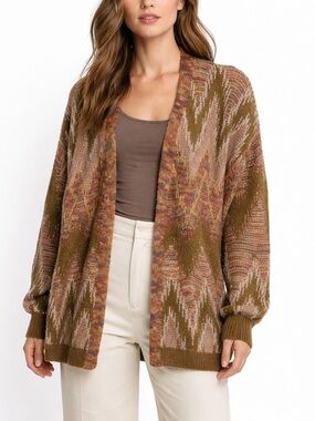Lucky Brand Womens XL Southwestern Chevron Wool Blend Open Front Cardigan Brown
